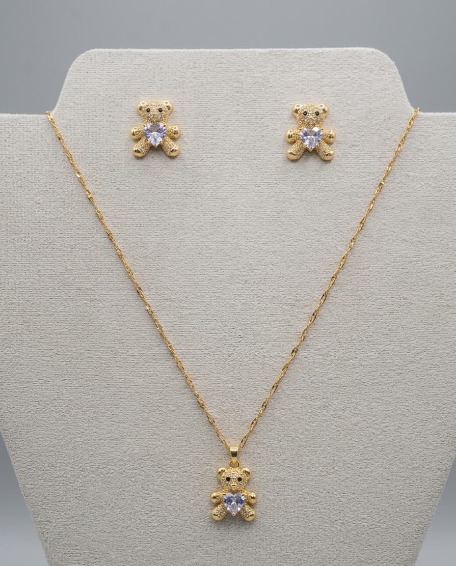 Silver Angel Bear Necklace & Earring Set